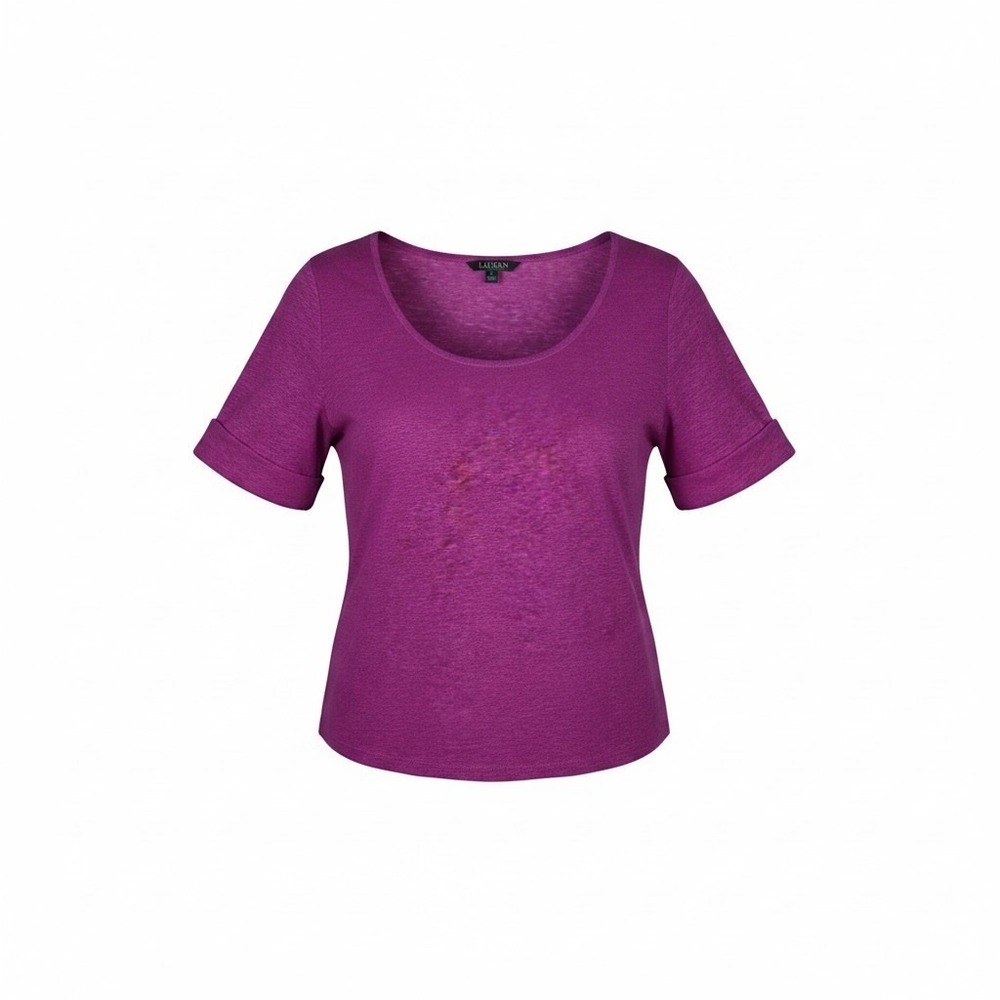 Lauren Ralph Lauren Linen Scoop Neck Top L Magenta Rolled Cuff - Picture 8 of 9
